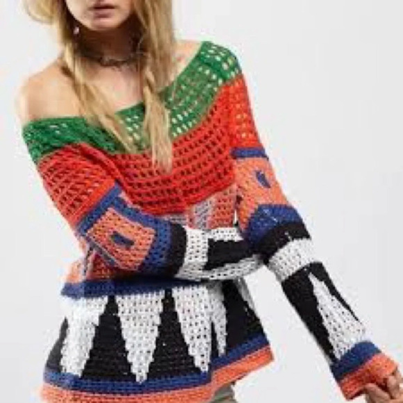 Free People Modern Art Crochet Sweater Size S/M Boho Grandmacore - Picture 2 of 9